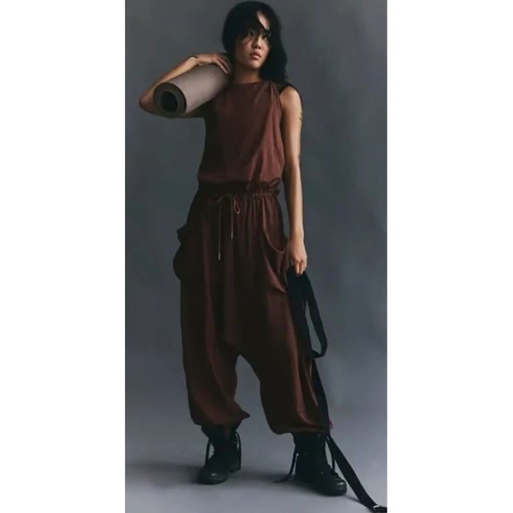 Free People Movement Scrimmage One Piece Harem Elastic Waist Pocket Brown Sm NWT